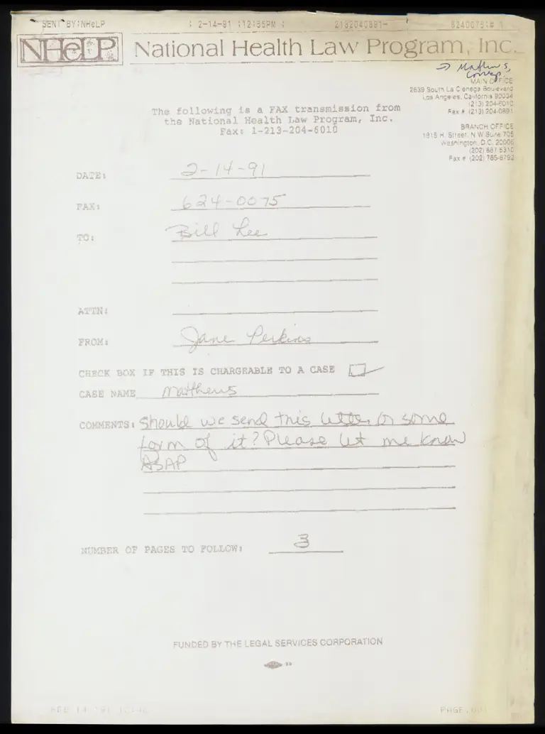 Correspondence from Lee to Perkins with Draft to Van Wye preview