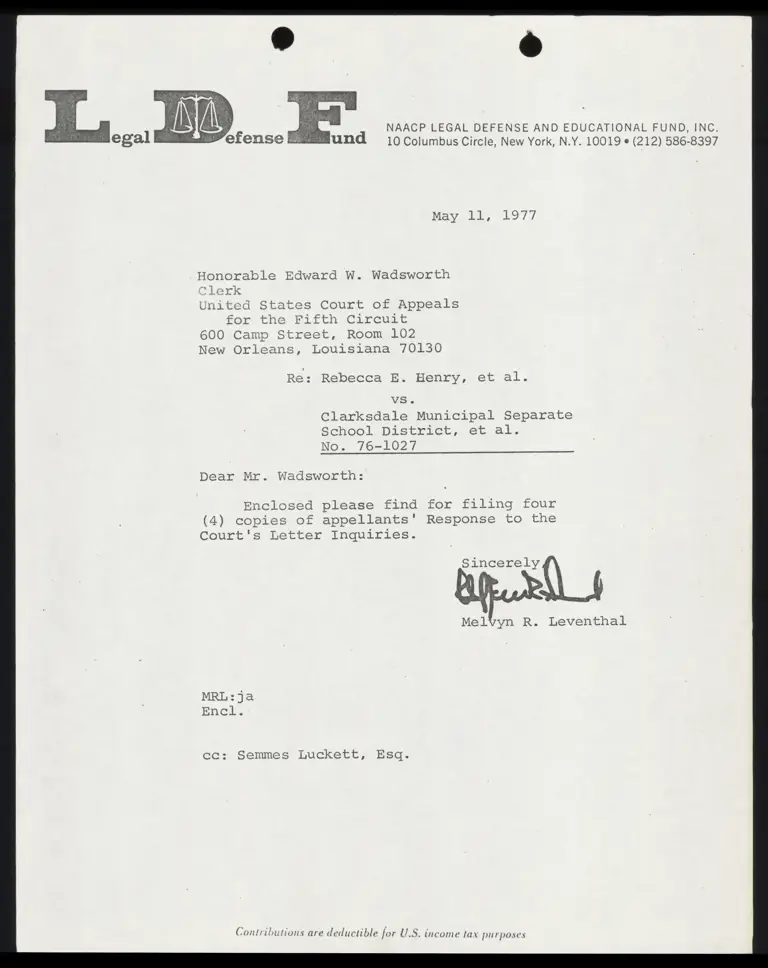 Correspondence from Leventhal to Clerk Re: Filing Response preview