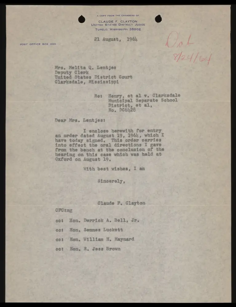 Correspondence from Judge Clayton to Clerk Re: August 19, 1964 Order preview