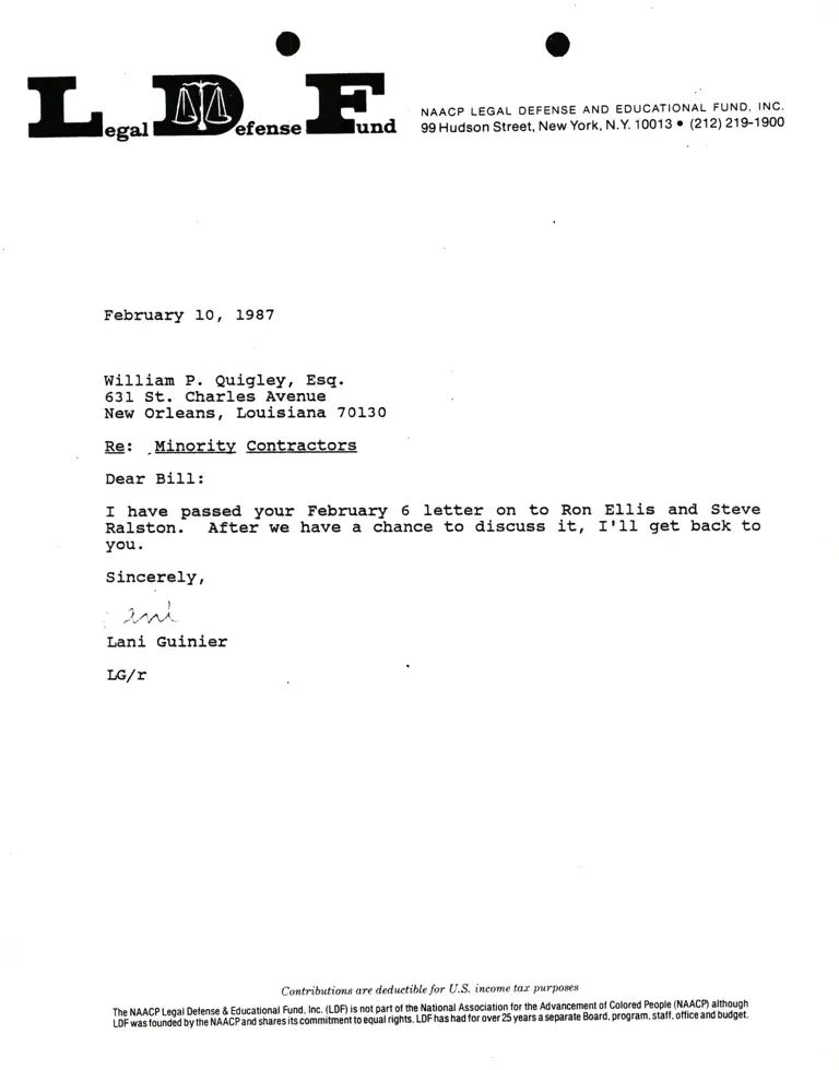 Correspondence from Lani Guinier to William P. Quigley, Esq. Re Minority Contractors preview