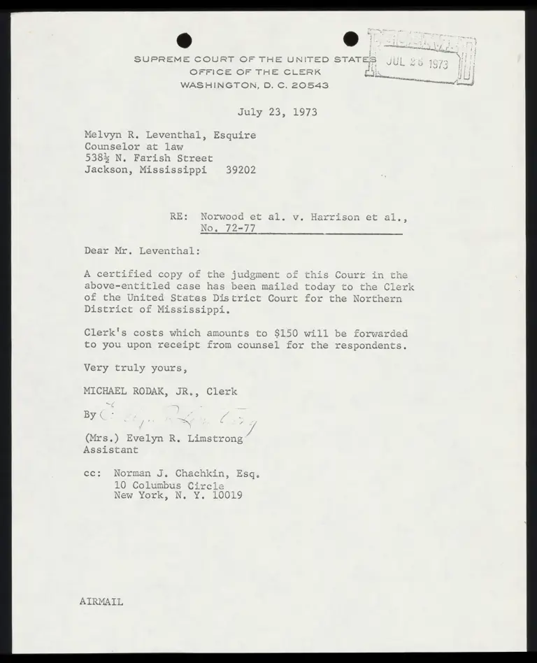 Letter from Clerk to Leventhal Re: Judgment received and clerk's costs preview