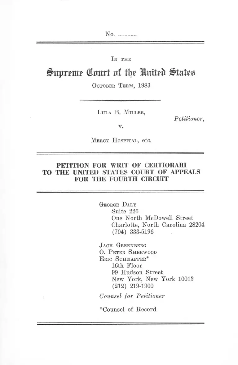 Miller v. Mercy Hospital Petition for Writ of Certiorari to the US Court of Appeals for the Fourth Circuit preview