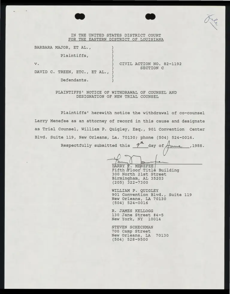 Plaintiffs' Notice of Withdrawal of Counsel and Designation of New Trial Counsel; Correspondence from Menefee to Friends and Co-Counsel (Redacted) preview