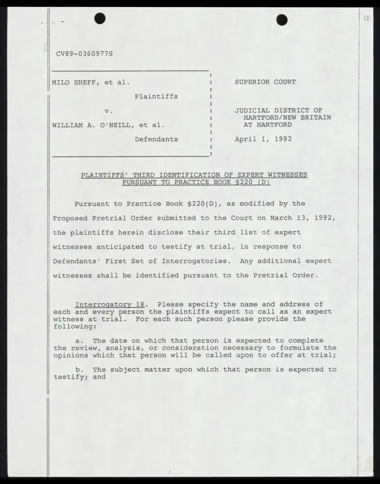 Plaintiffs' Third Identification of Expert Witnesses Pursuant to Practice Book 220 (D) preview