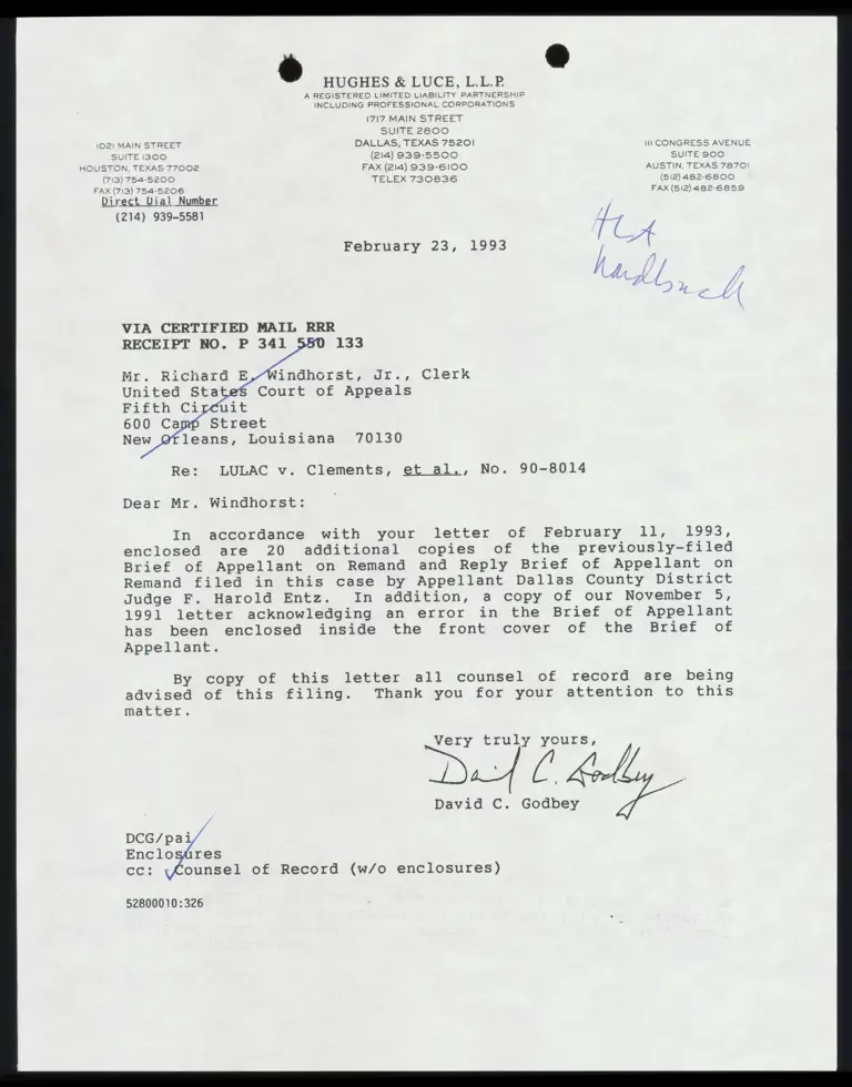 Correspondence from Godbey to Clerk Re: Brief of Appellant on Remand preview