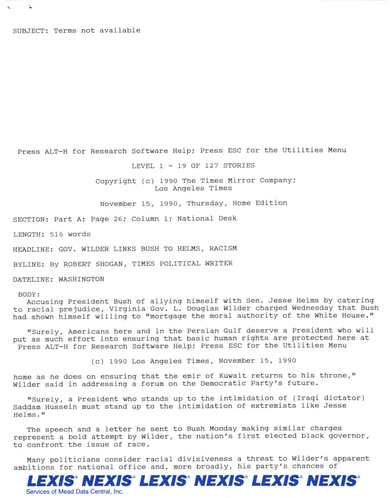 Gov. Wilder Links Bush to Helms, Racism News Article from the Los Angeles Times preview