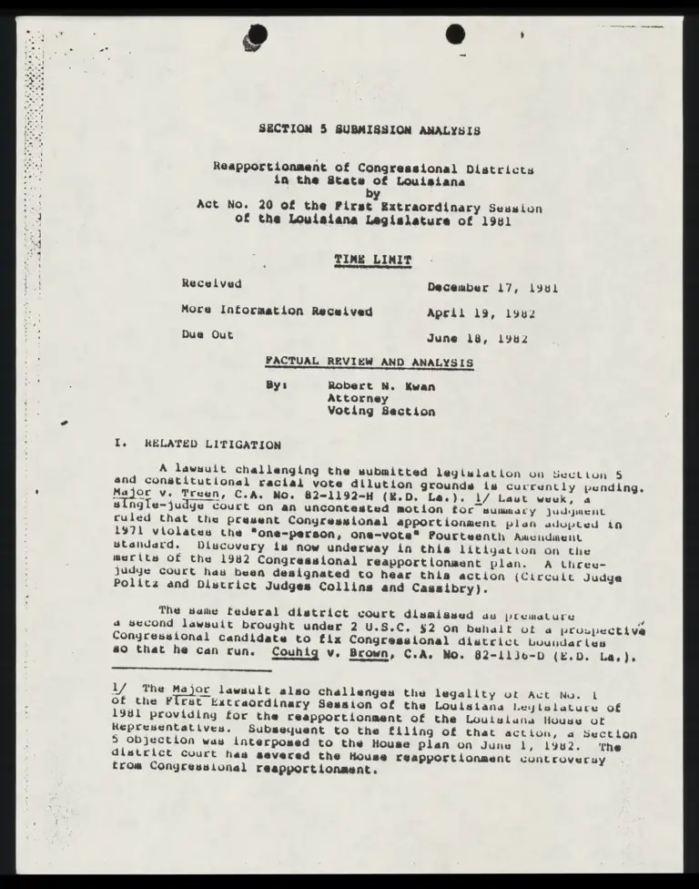 Section 5 Submission Analysis on Louisiana Reapportionment by Robert Kwan; Memorandum from Reynolds to The File preview