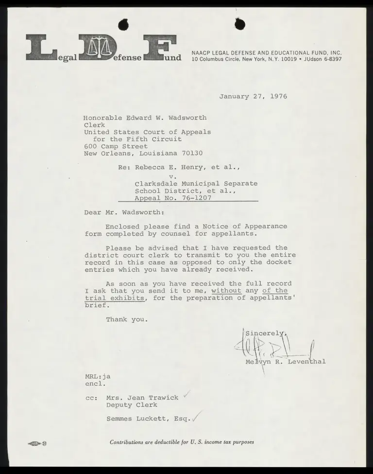 Correspondence from Leventhal to Clerk Re: Notice of Appearance Form preview