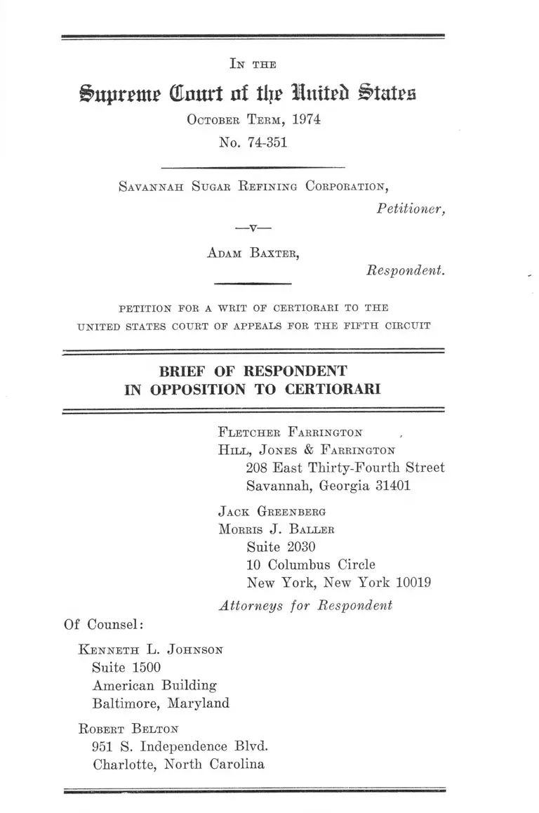 Savannah Sugar Refining Corp v Baxter Brief of Respondent in Opposition to Certiorari preview