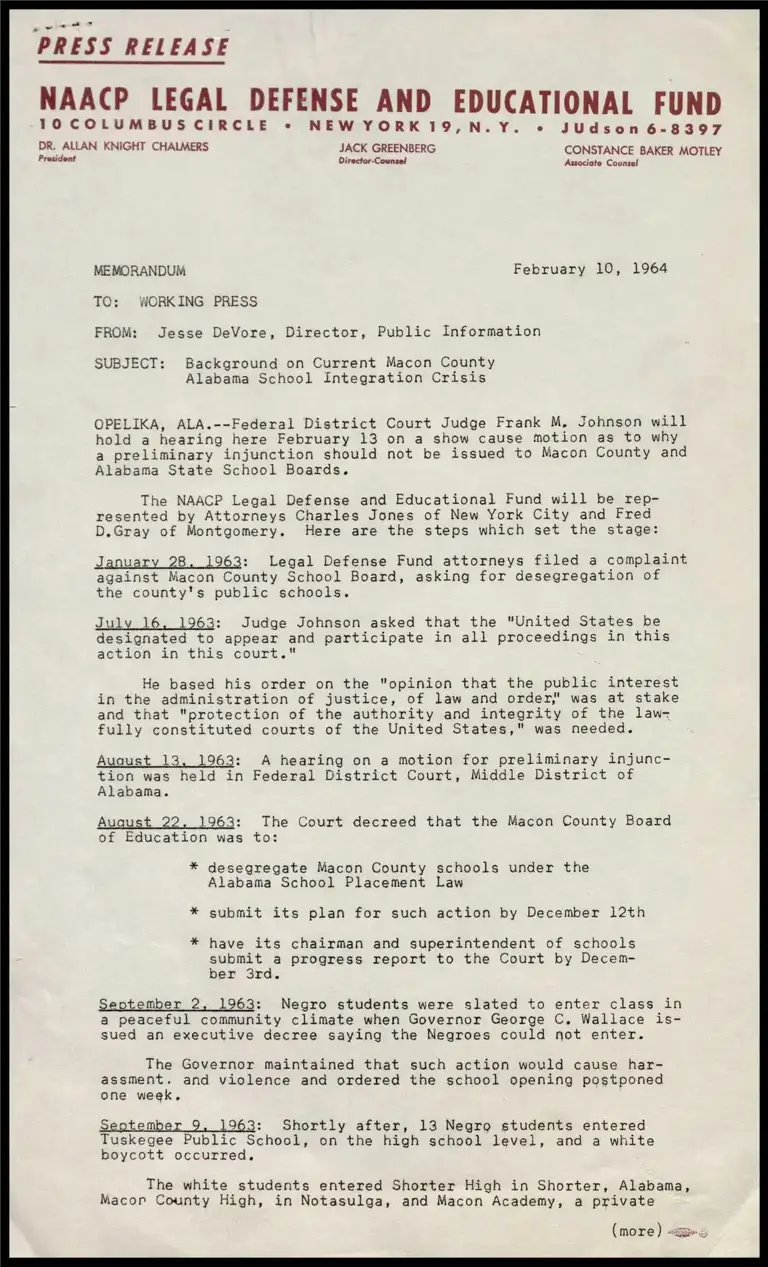 Memorandum: Background on Current Macon County Alabama School Integration Crisis preview