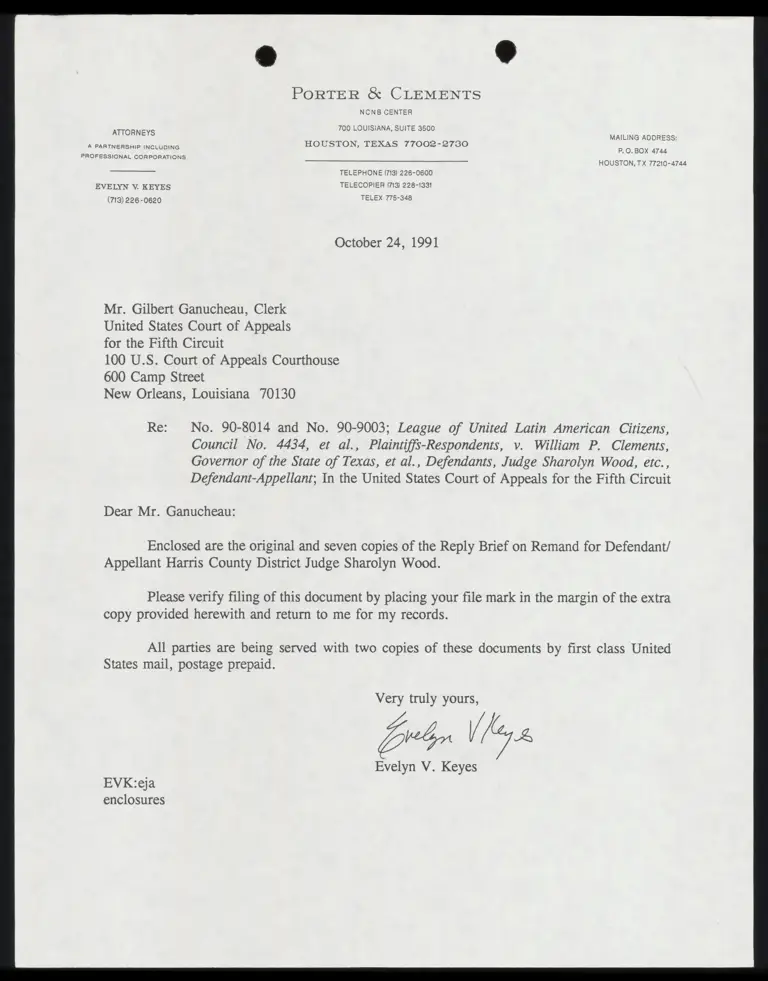 Correspondence from Keyes to Clerk Re: Wood Reply Brief on Remand preview