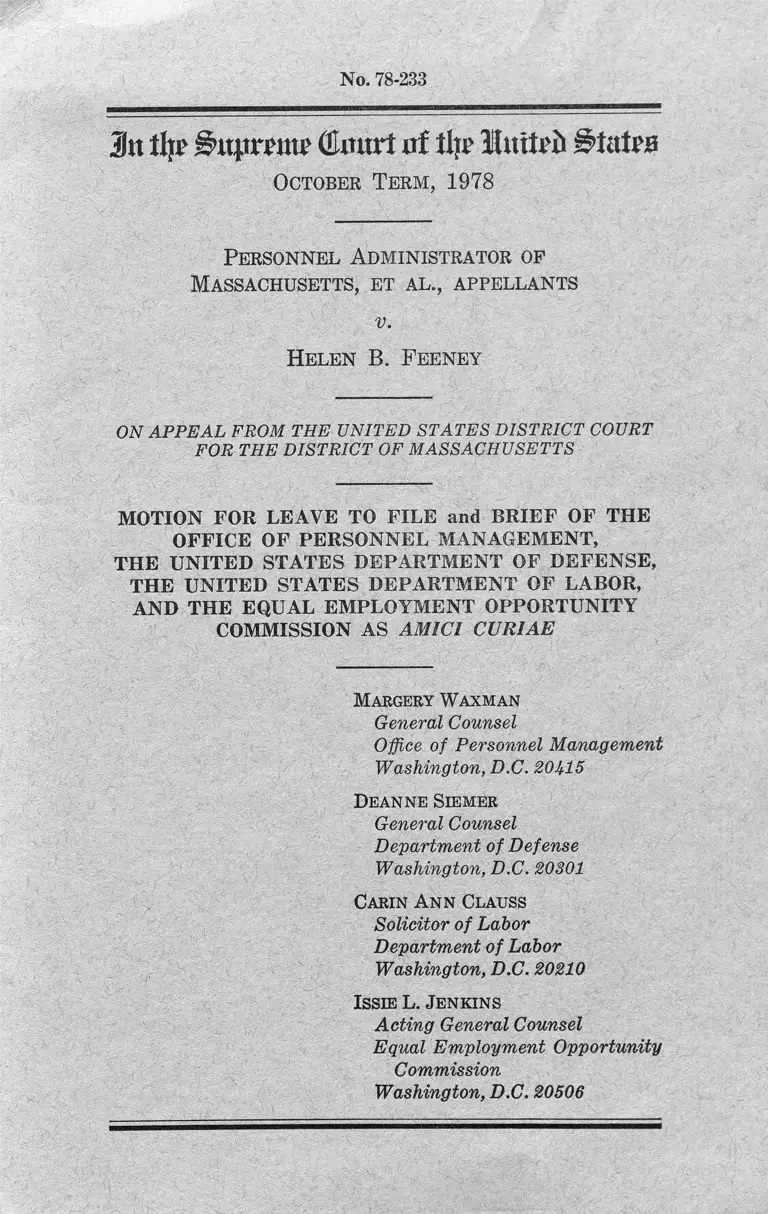 Personnel Administrator of Massachusetts v. Feeney Motion for Leave to File and Brief Amici Curiae preview