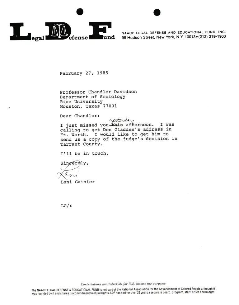 Correspondence from Lani Guinier to Prof. Chandler Davidson (Rice University) preview