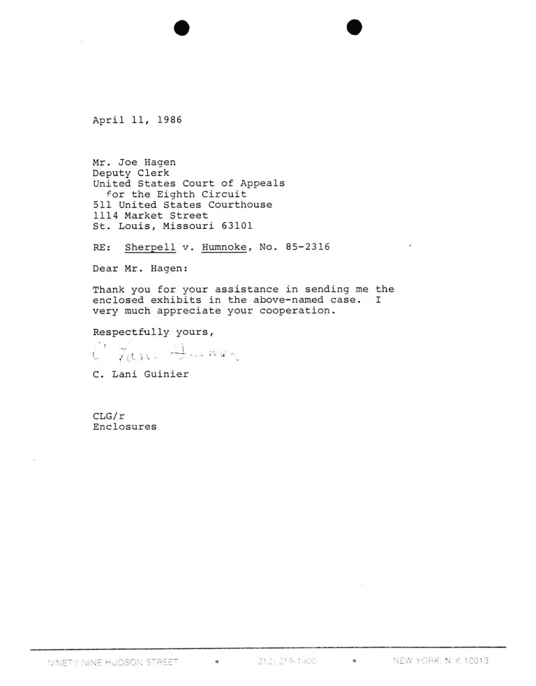Correspondence from Lani Guinier to Joe Hagen (Deputy Clerk) Re: Sherpell v. Humnoke preview