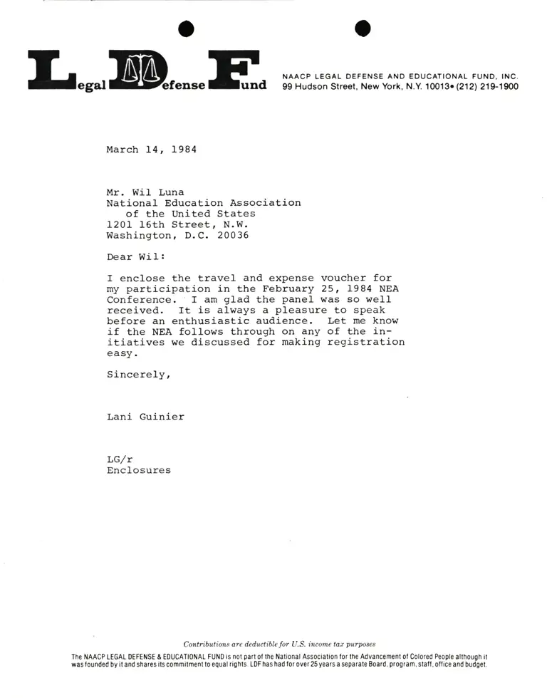 Letter from Lani Guinier to Wil Luna Re: Travel and Expenses for NEA Conference preview