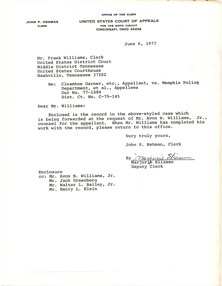 Correspondence from Marjorie Eliasen to Frank Williams preview