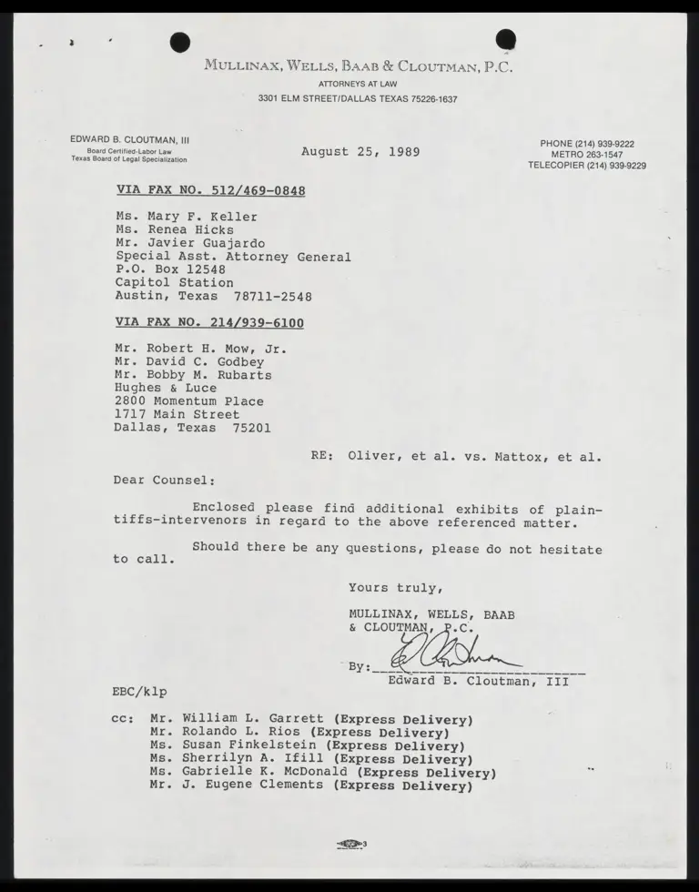 Correspondence from Cloutman to Counsel Re: Additional Exhibits preview