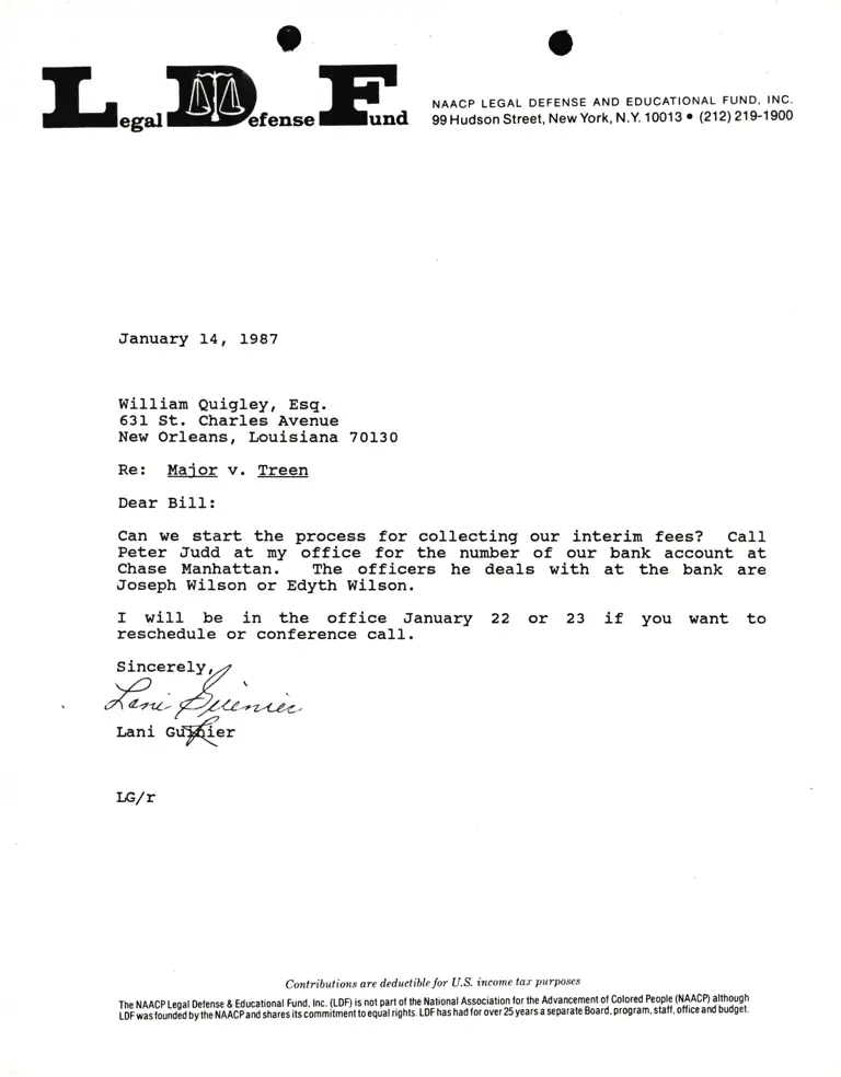 Correspondence from Lani Guinier to William P. Quigley, Esq. Re Major v. Treen preview