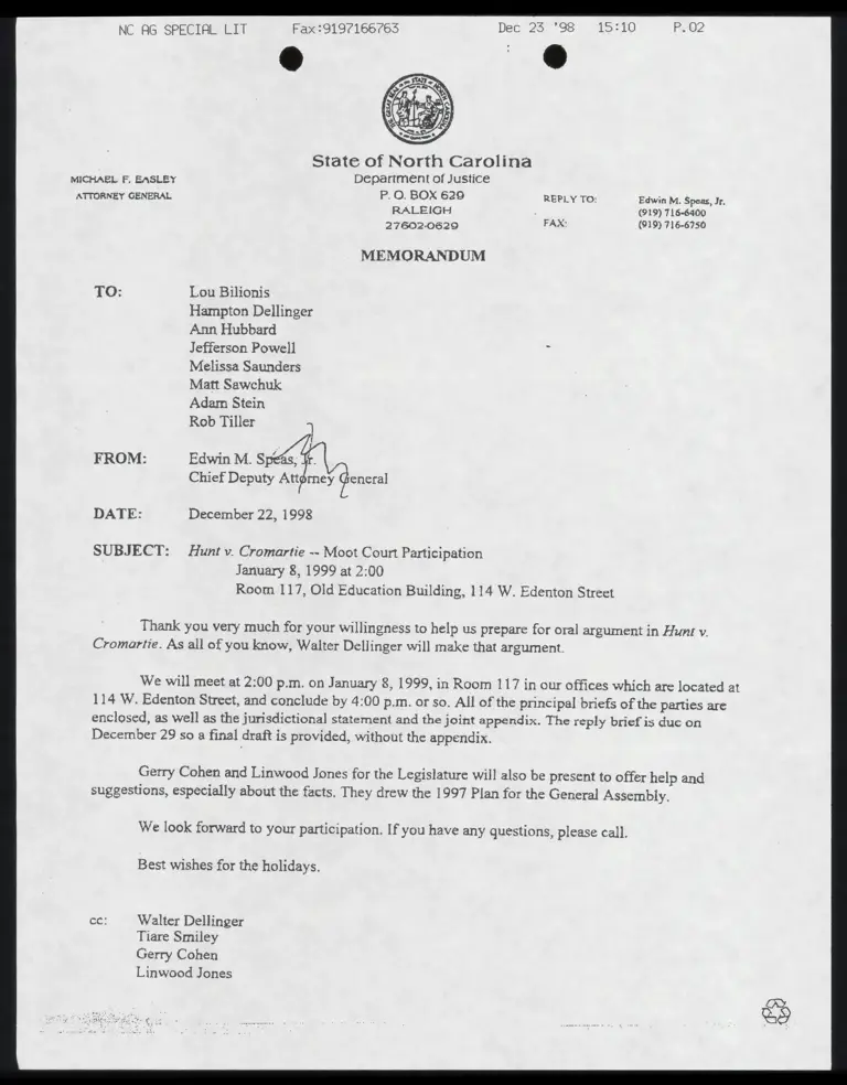 Memo from Speas to Bilonis et al. Re: Moot Court Participation preview