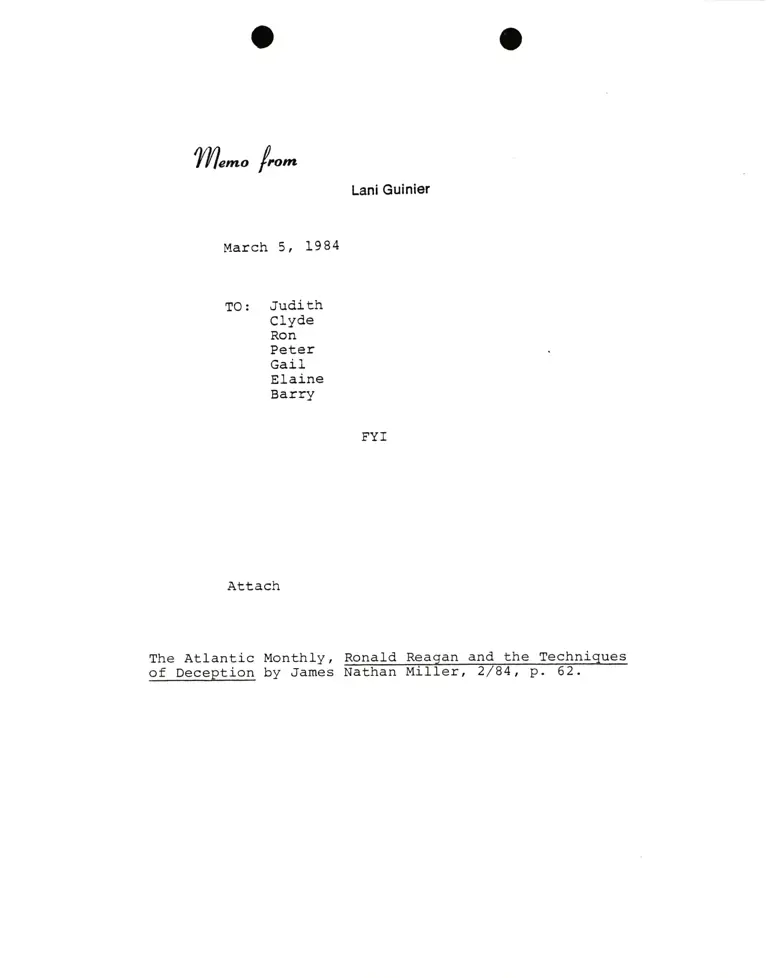 Memo from Lani Guinier RE: news article Ronald Reagan and the Techniques of Deception preview