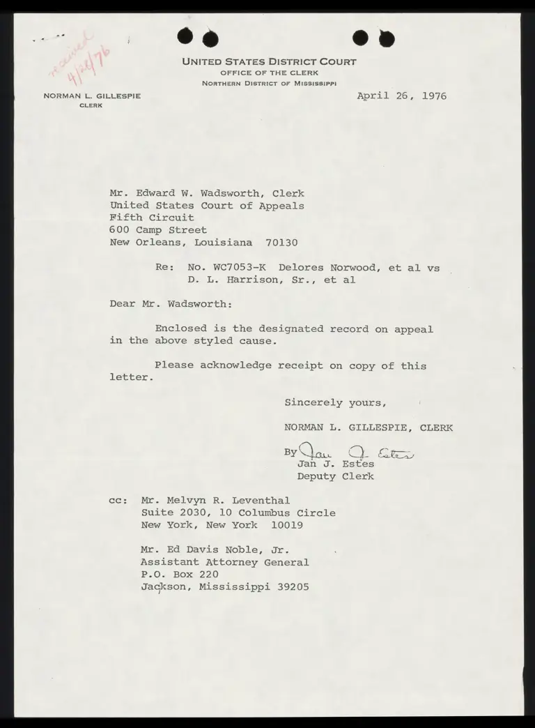 Correspondence from Clerk Gillespie to Clerk Wadsworth Re: Designated Record on Appeal preview