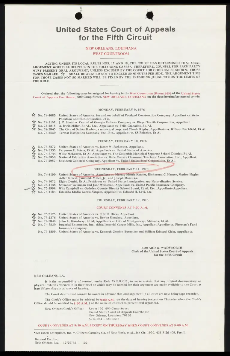 Fifth Circuit Court of Appeals Docket Schedule preview