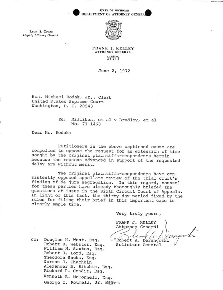 Correspondence from Kelley and Derengoski to Clerk preview