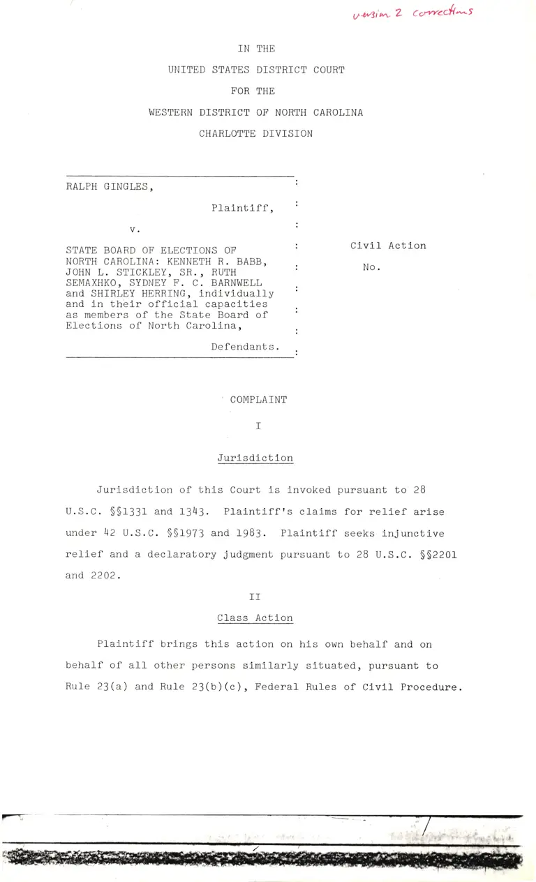 Draft of Gingles v. State Board of Elections of North Carolina Complaint Version 2 preview