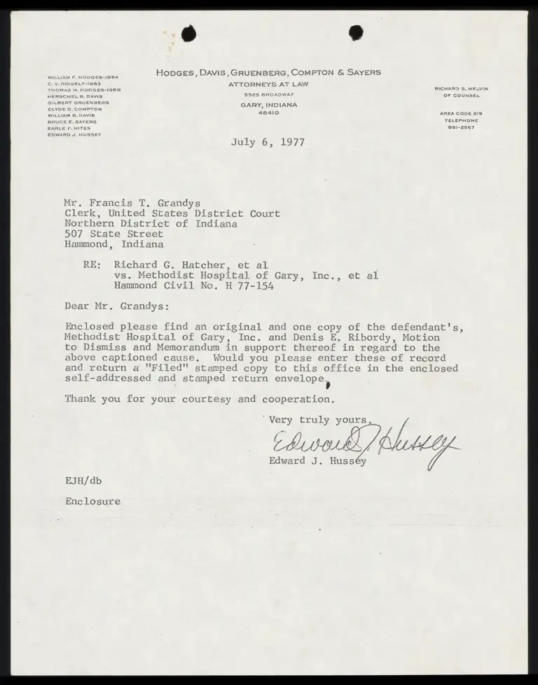 Correspondence from Hussey to Clerk Re: Motion to Dismiss preview