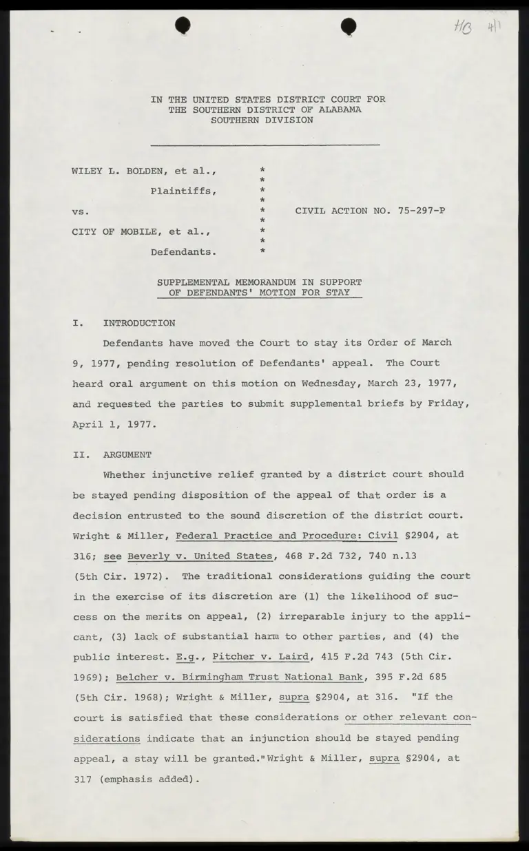 Supplemental Memorandum in Support of Defendants' Motion for Stay preview