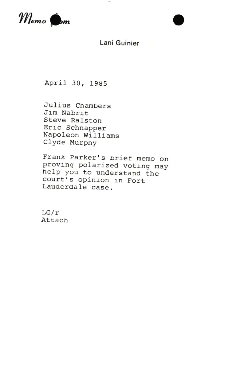 Correspondence from Lani Guinier to Chambers, Nabrit, Ralston, Schnapper, Williams, and Murphy preview