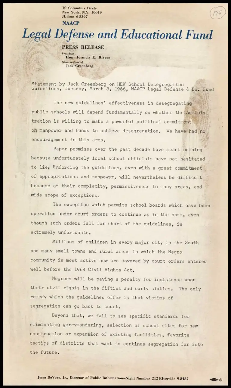 Statement by J. Greenberg on HEW School Desegregation preview
