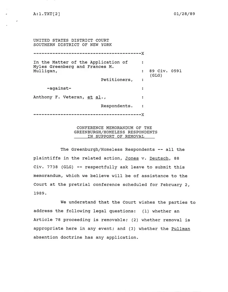 Greenberg v. Veteran Conference Memorandum of the Greenburgh/Homeless Respondents in Support of Removal preview