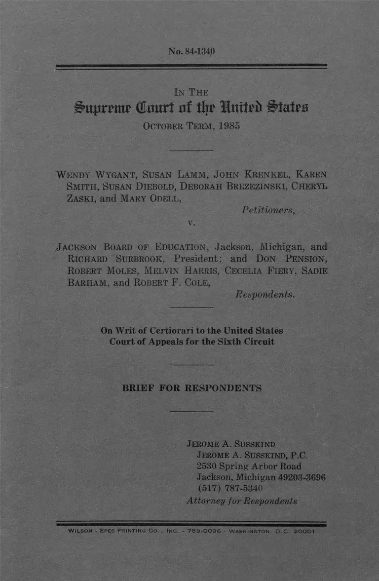 Wygant v. Jackson Board of Education Brief for Respondents preview