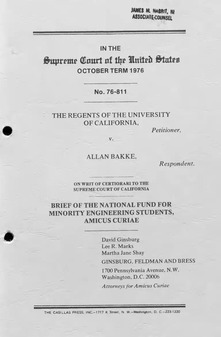 Bakke v. Regents Brief of the National Fund for Minority Engineering Students Amicus Curiae preview