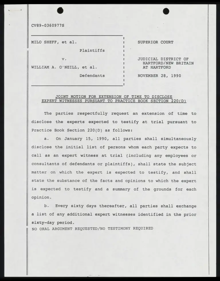 Joint Motion for Extension of Time to Disclose Expert Witnesses Pursuant to Practice Book Section 220 (D) preview