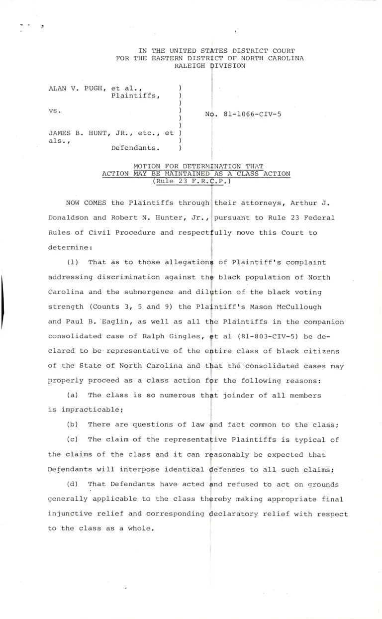 Pugh v. Hunt Motion for Determination that Action May be Maintained as a Class Action preview
