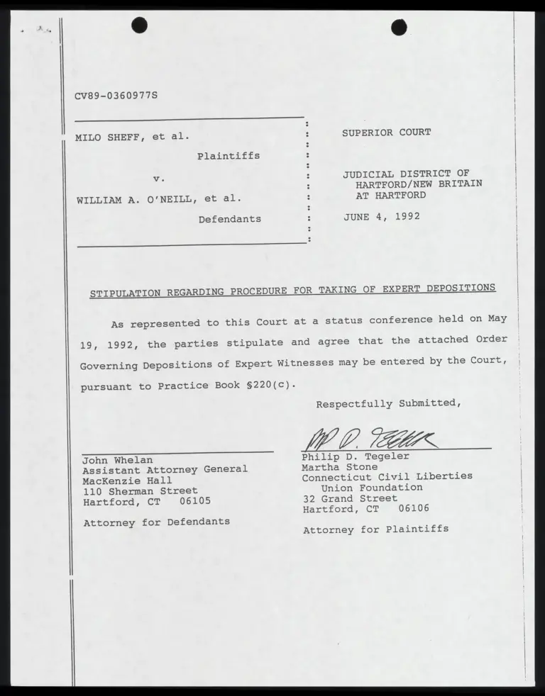 Stipulation and Order Regarding Procedure for Taking of Expert Depositions; Correspondence from Whelan to Tegeler preview