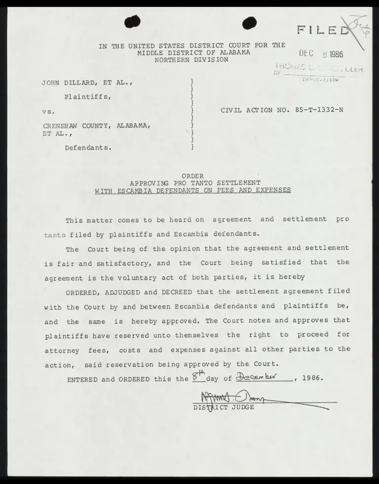 Order Approving Pro Tanto Settlement with Escambia Defendants on Fees and Expenses preview