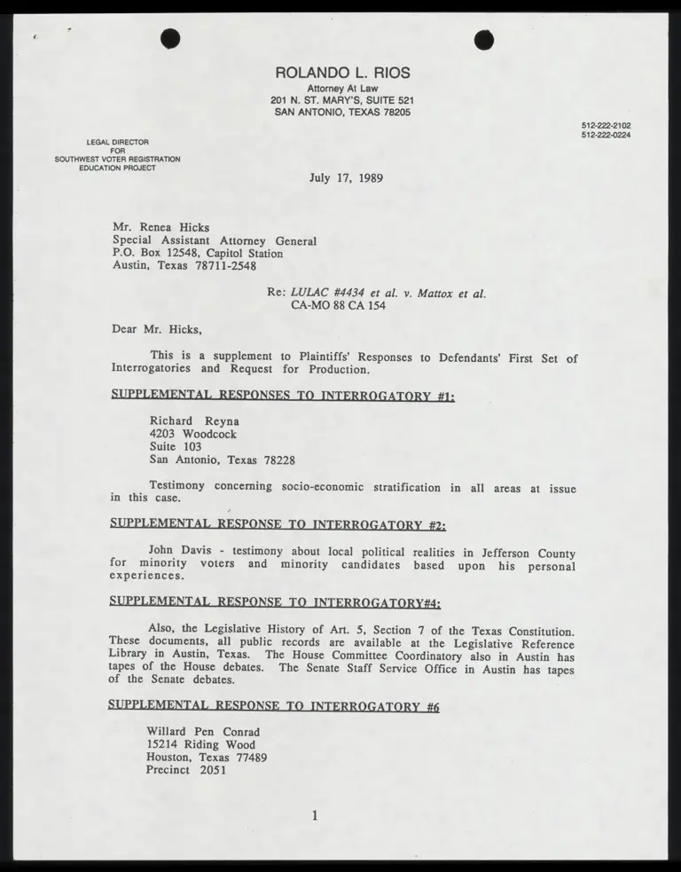 Correspondence from Rios to Hicks Re: Supplement to Interrogatories preview