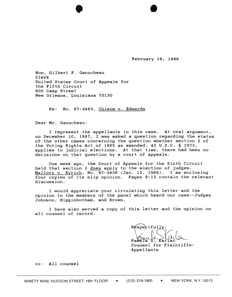 Correspondence from Pamela Karlan to Gilbert Ganucheau Re: Chisom v. Edwards preview