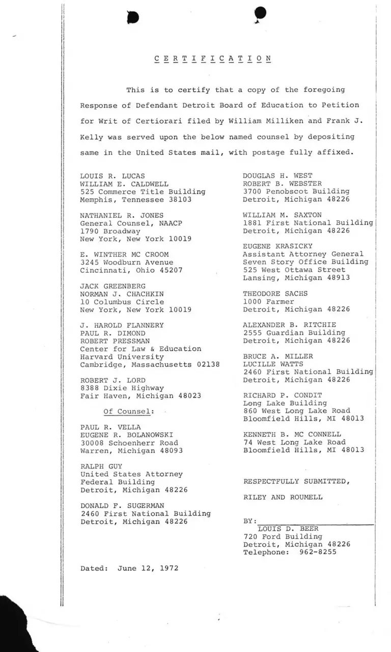 Certificate of Service to Response of Defendant Detroit Board of Education to Petition for Writ of Certiorari preview