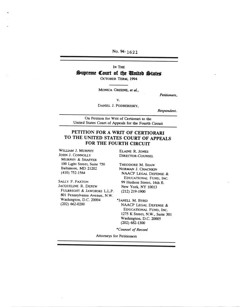 Greene v. Podbersky Petition for a Writ of Certiorari to the US Court of Appeals for the Fourth Circuit preview