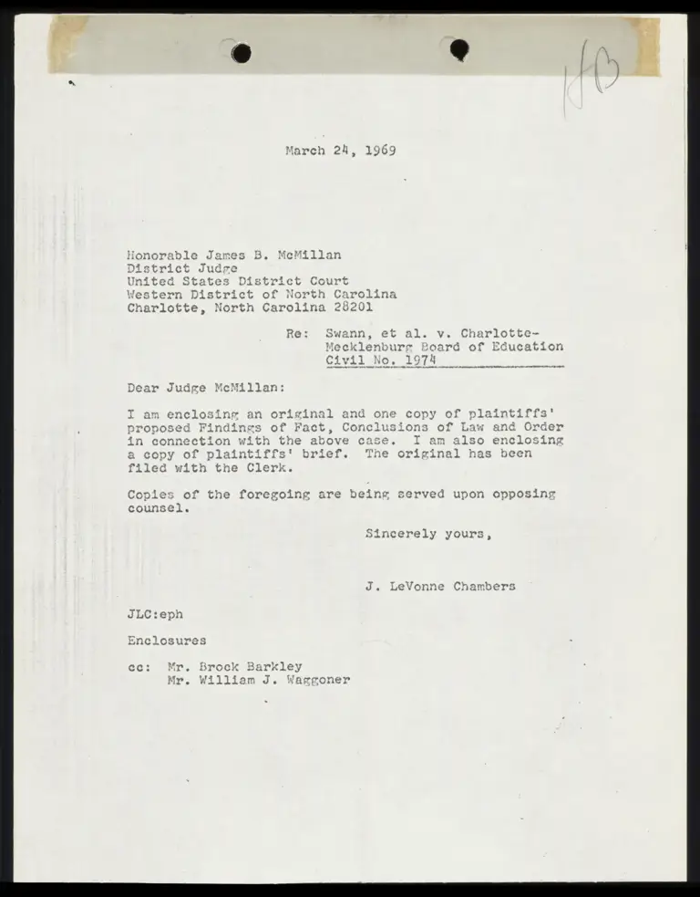 Correspondence from Chambers to Judge McMillan Re: Findings of Fact, Conclusions of Law and Order preview
