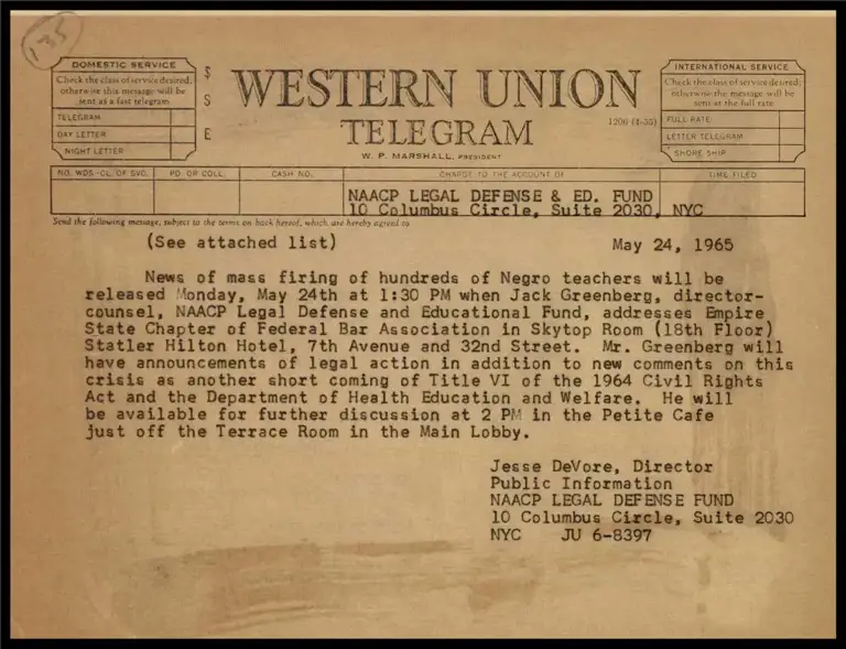 Greenberg to Speak on Firing of Southern Negro Teachers at State Chapter of Fed. Bar Assn. (Telegram) preview