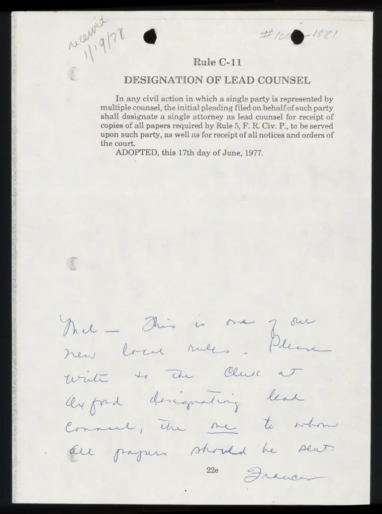 Rule C-11 Designation of Lead Counsel; Correspondence from Keady to Clerk; Order preview