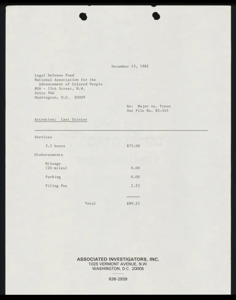 Correspondence from Crumbly to Guinier Re: Billing for Major v. Treen preview