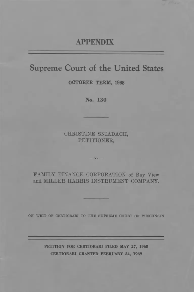 Sniadach v Family Finance Corp Writ of Certiorari preview