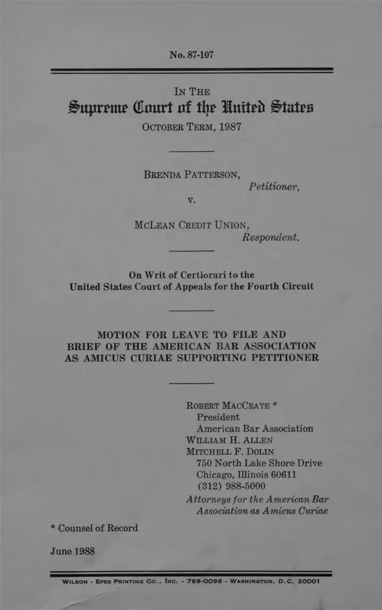 Patterson v. McLean Credit Union Motion for Leave to File and Brief Amicus Curiae preview