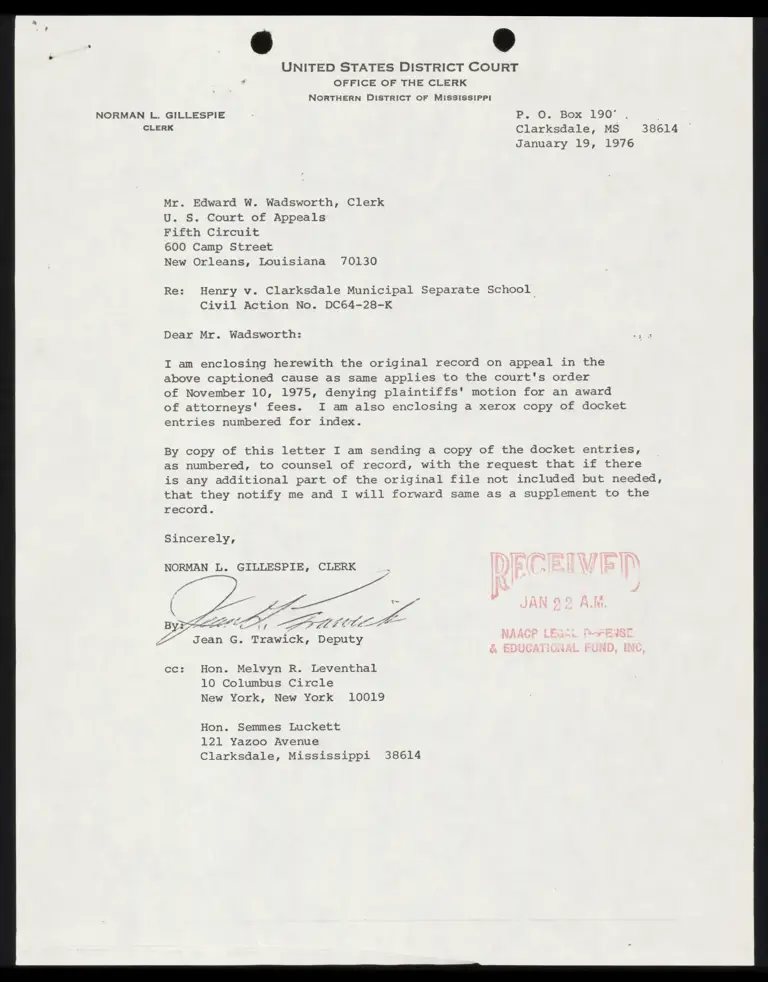 Correspondence from Clerk Gillespie to Clerk Wadsworth Re: 1975 Docket preview